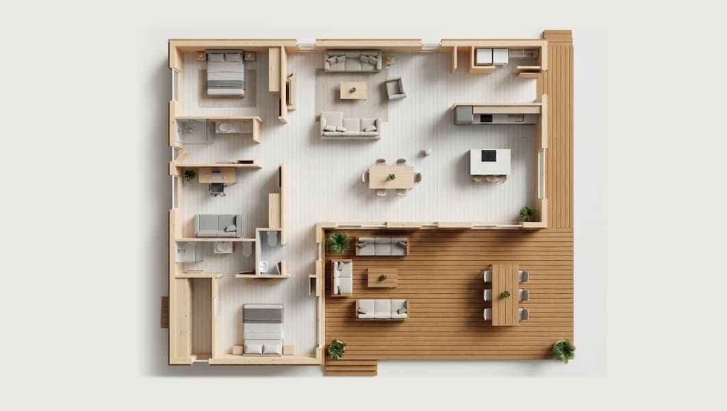 Plan 3D du modèle MI100, 100 m² plain-pied