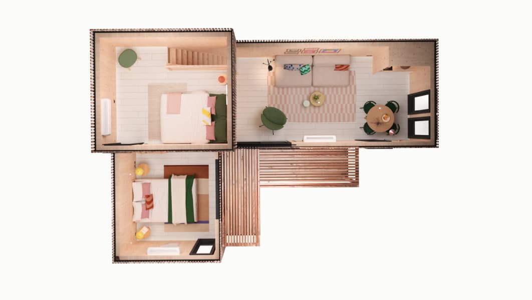Plan 3D du modèle MI50, 50 m² à étage, rez-de-chaussée