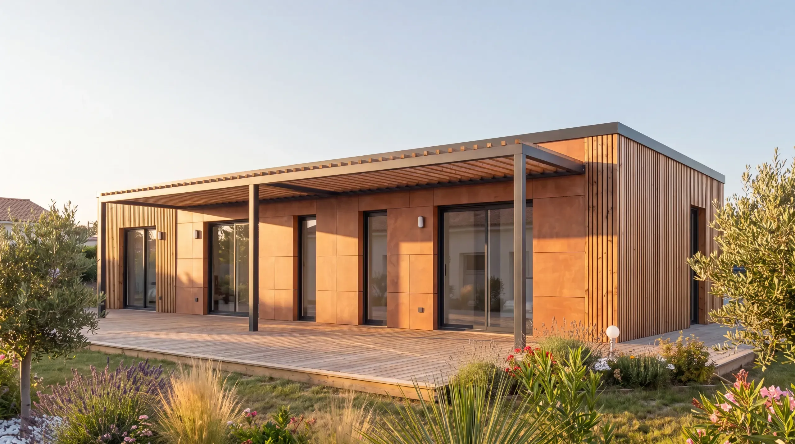 Maison ossature bois Greenkub et sa terrasse, au crépuscule